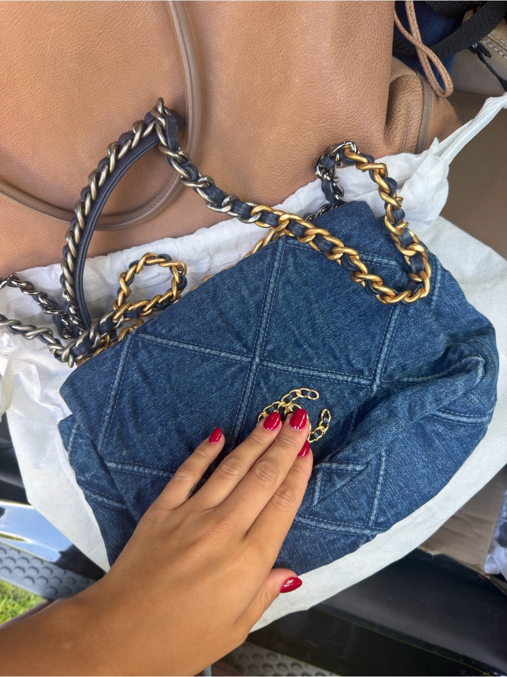 Quilted Denim Chain Shoulder Bag - Blue